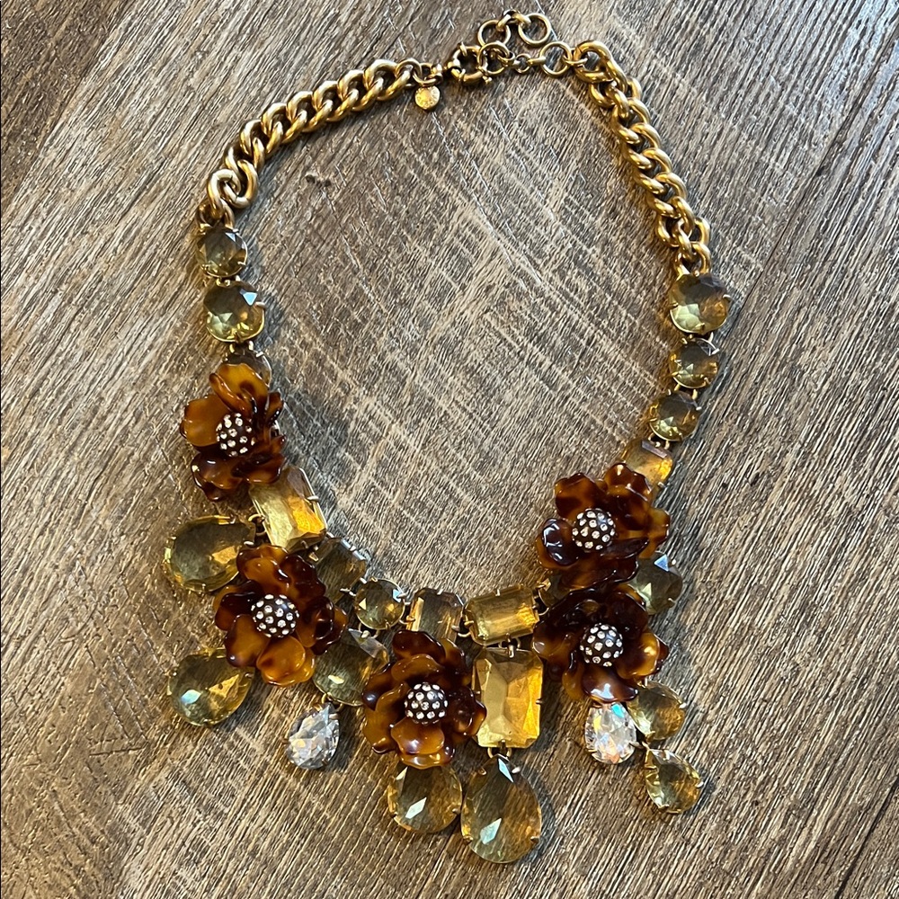 Vintage J. Crew Crystal Gold and Tortoise  Floral Statement Necklace - Picture 4 of 8